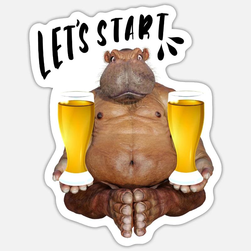 Comic, Nilpferd mit 2 Biergläsern in jeder Hand - Sticker Größe S (10 x 10 cm) - Mattweiß
