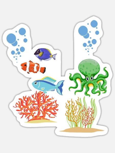 Meeresbewohner Korallen Unterwasserwelt Oktopus - Sticker Größe S (10 x 10 cm) - Mattweiß