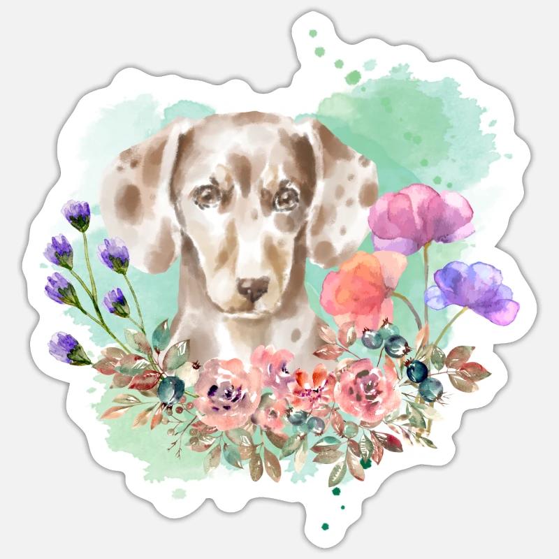 Dackel Cottagecore Wasserfarben Blumen - Sticker Größe S (10 x 10 cm) - Mattweiß