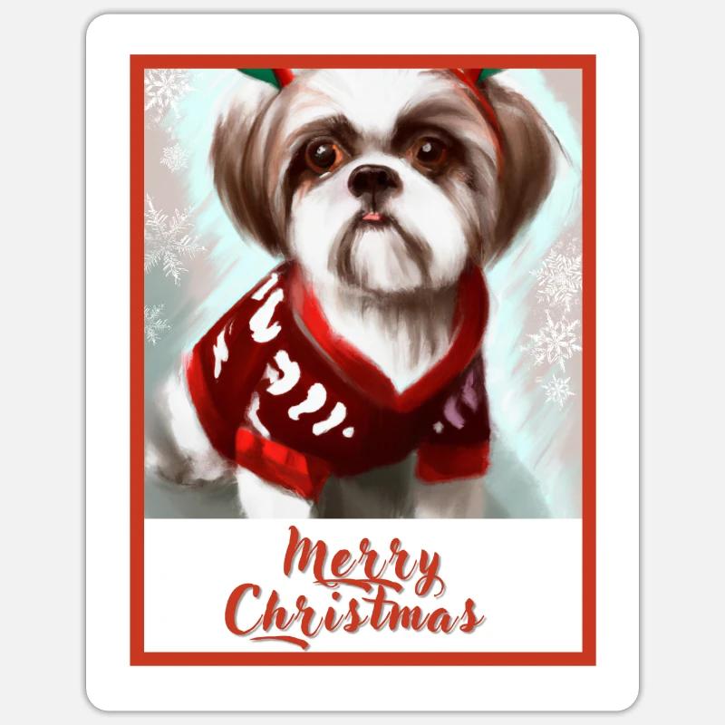 Shih tzu chien dans un pull de renne de Noël. Sticker taille S (10 x 10 cm)