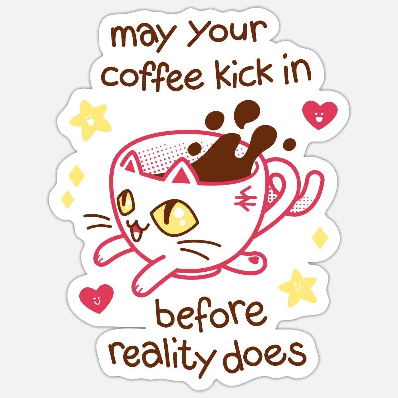 Chat café - Sticker taille S (10 x 10 cm) - blanc mat