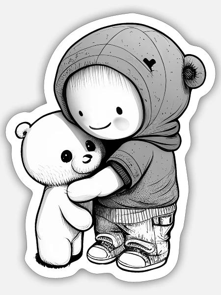 Kind kuschelt mit Teddybär - Sticker Größe S (10 x 10 cm) - Mattweiß