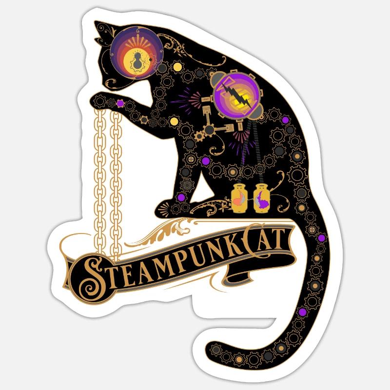 Steampunk Cat -Viktorianisches Steampunk Design - Sticker Größe S (10 x 10 cm) - Mattweiß
