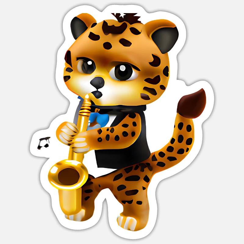 Léopard avec saxophone - Sticker taille S (10 x 10 cm) - blanc mat