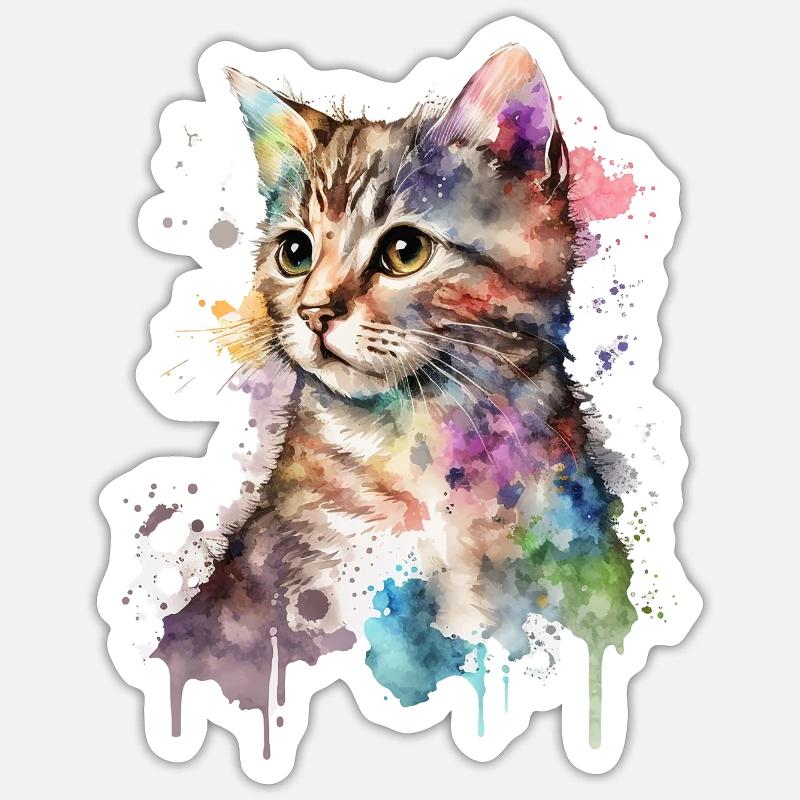 Aquarelle Chaton Cat Art - Sticker taille S (10 x 10 cm) - blanc mat