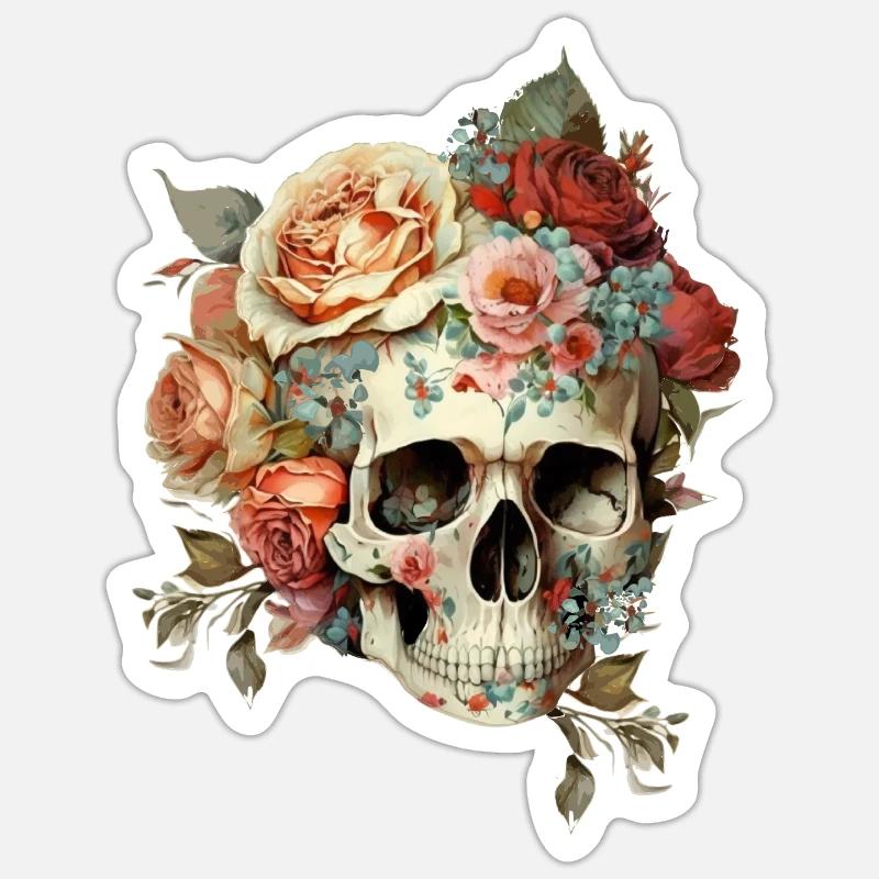 Crâne avec des fleurs - Sticker taille S (10 x 10 cm) - blanc mat