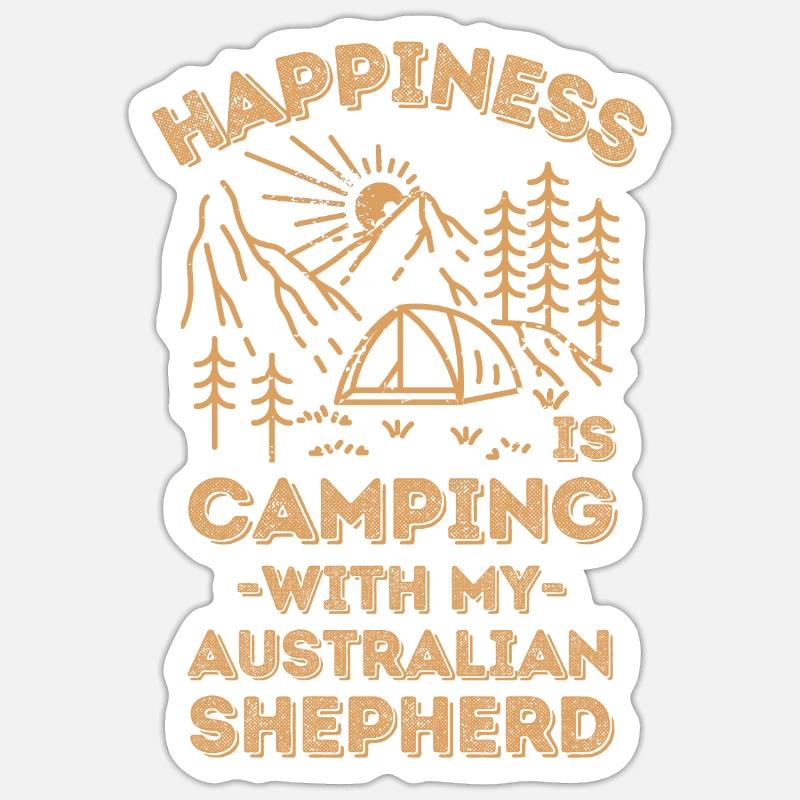 Camping avec berger australien - Sticker taille S (10 x 10 cm) - blanc mat