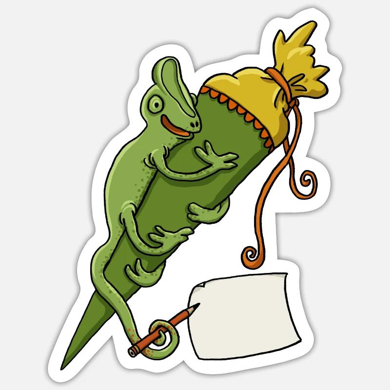 Caméléon avec cône d’école et bout de papier Sticker taille S (10 x 10 cm)