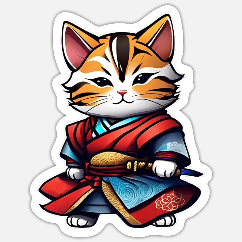 Niedliche getigerte Samurai Katze mit Dolch Sticker Größe S (10 x 10 cm)