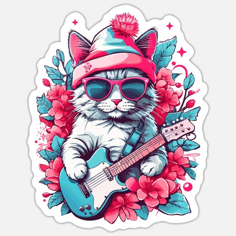 Chat mignon avec guitare - Sticker taille S (10 x 10 cm) - blanc mat