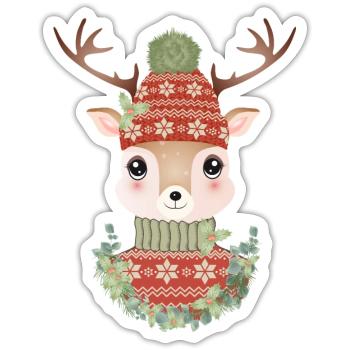 niedlicher Hirsch mit Pullover,Bommelmütze & Kranz - Sticker Größe S (10 x 10 cm) - Mattweiß - Vorne