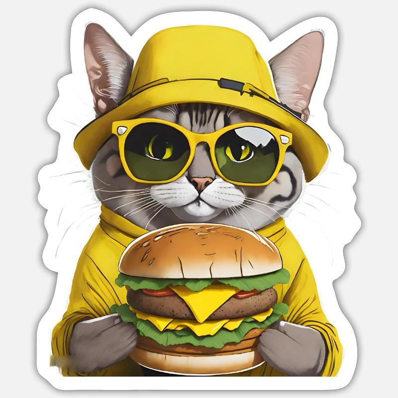 chat au chapeau jaune - Sticker taille S (10 x 10 cm) - blanc mat