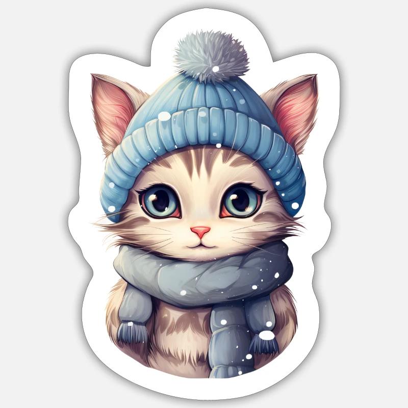 Chat avec chapeau et écharpe Sticker taille S (10 x 10 cm)