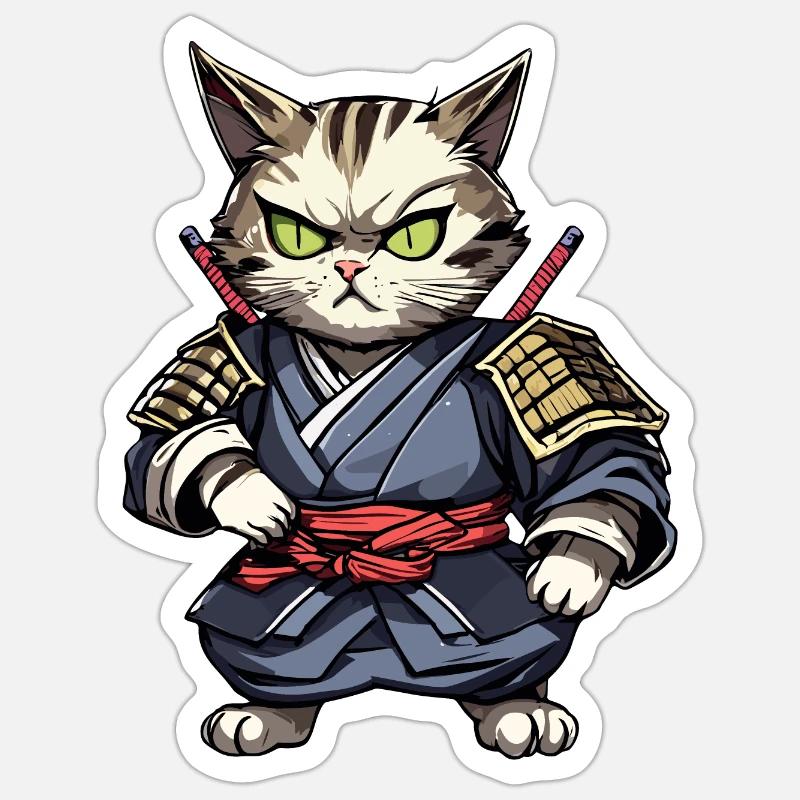 Chat samouraï #15 - Sticker taille S (10 x 10 cm) - blanc mat