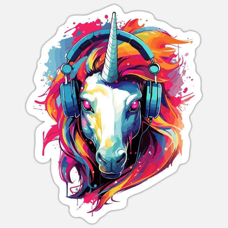 Einhorn mit Kopfhörer Musik Fabeltier Einhörner - Sticker Größe S (10 x 10 cm) - Mattweiß
