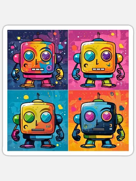 Verspielter Bot: Ein Pop-Art-Fusionsroboter. - Sticker Größe S (10 x 10 cm) - Mattweiß