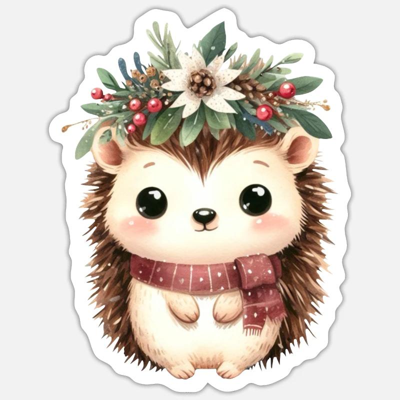 Hérisson mignon avec écharpe et couronne de Noël Sticker taille S (10 x 10 cm)