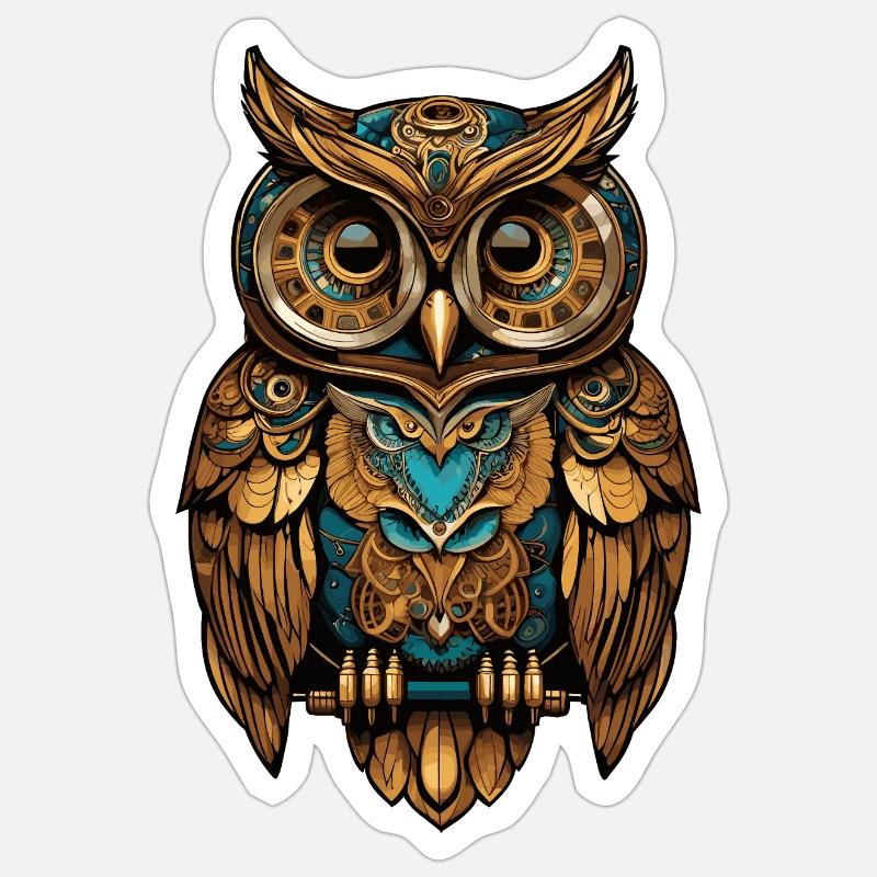 Steampunk Eule - Sticker Größe S (10 x 10 cm) - Mattweiß