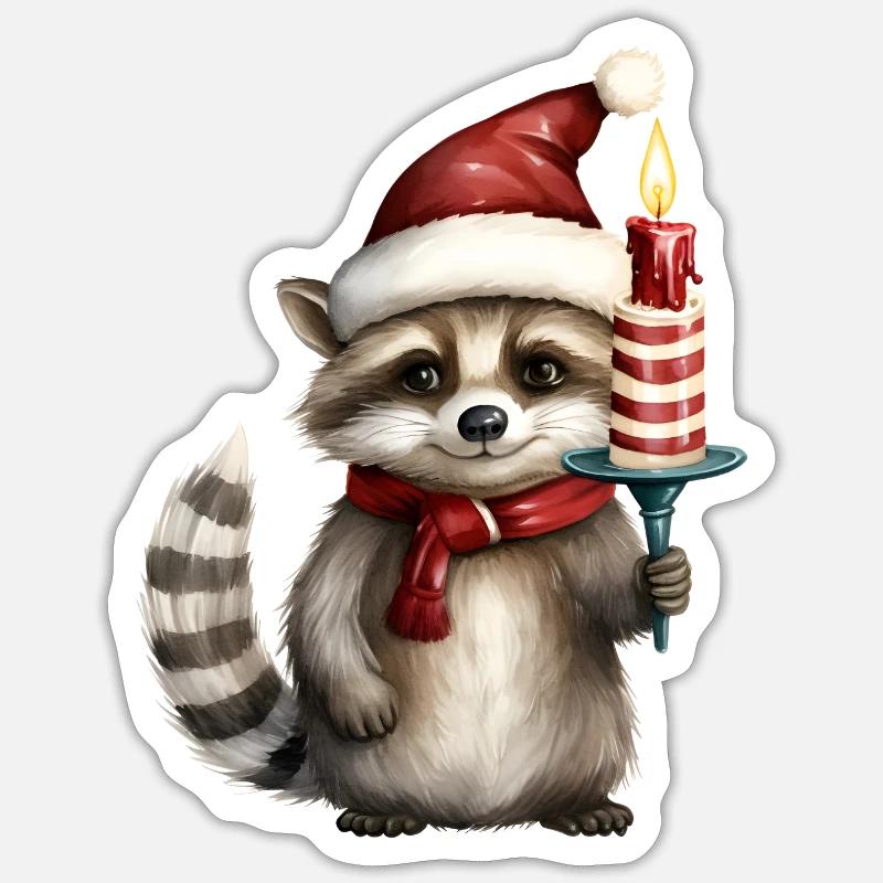 Raton laveur de Noël avec bougie et chapeau de père Noël - Sticker taille S (10 x 10 cm) - blanc mat