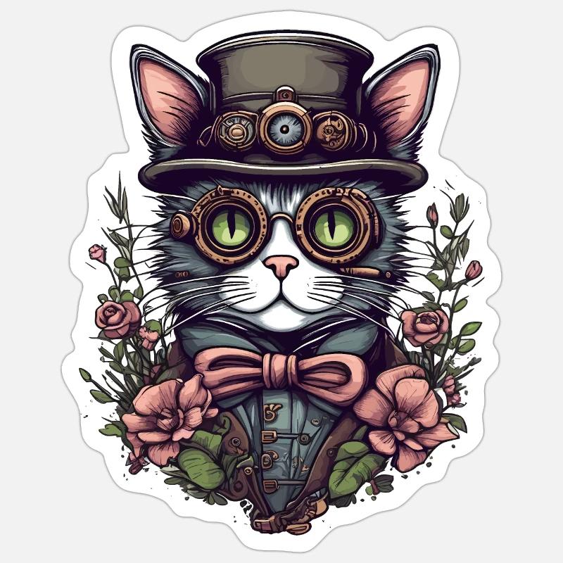 Steampunk Katze - Sticker Größe S (10 x 10 cm) - Mattweiß