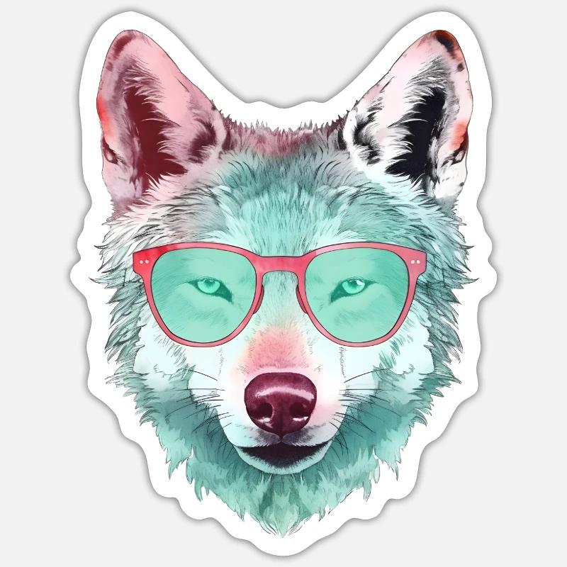 Loup avec lunettes de soleil Aquarelle Design 2 - Sticker taille S (10 x 10 cm) - blanc mat