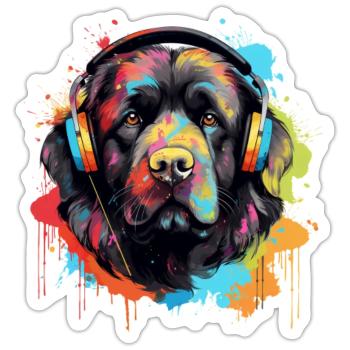 Chien Terre-Neuve avec des écouteurs éclaboussures de peinture - Sticker taille S (10 x 10 cm) - blanc mat - Devant