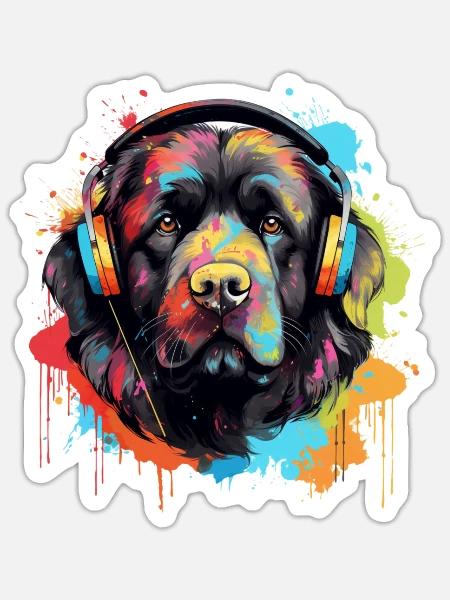 Neufundländer Hund mit Kopfhörer Farbspritzer - Sticker Größe S (10 x 10 cm) - Mattweiß