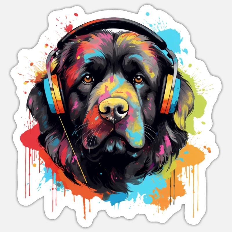 Neufundländer Hund mit Kopfhörer Farbspritzer - Sticker Größe S (10 x 10 cm) - Mattweiß