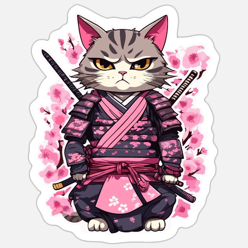 Chat samouraï & fleurs de cerisier #7 - Sticker taille S (10 x 10 cm) - blanc mat