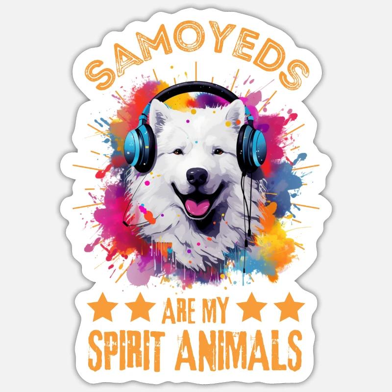 Bunter Samojede mit Kopfhörer - Sticker Größe S (10 x 10 cm) - Mattweiß