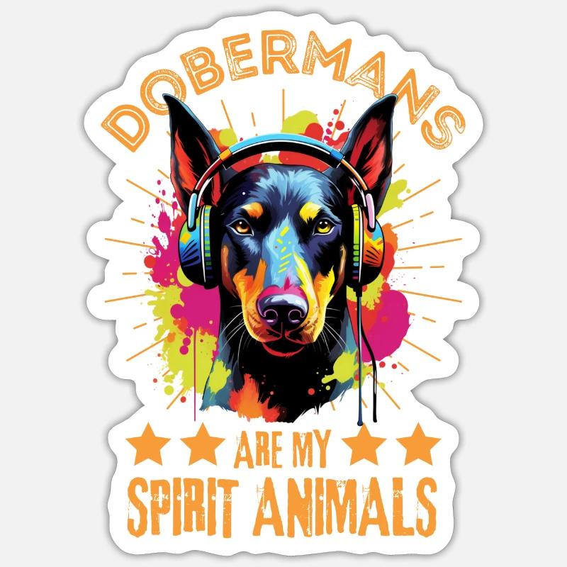 Bunter Dobermann mit Kopfhörer Sticker Größe S (10 x 10 cm)