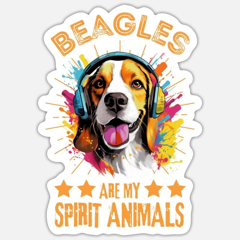 Bunter Beagle mit Kopfhörer - Sticker Größe S (10 x 10 cm) - Mattweiß