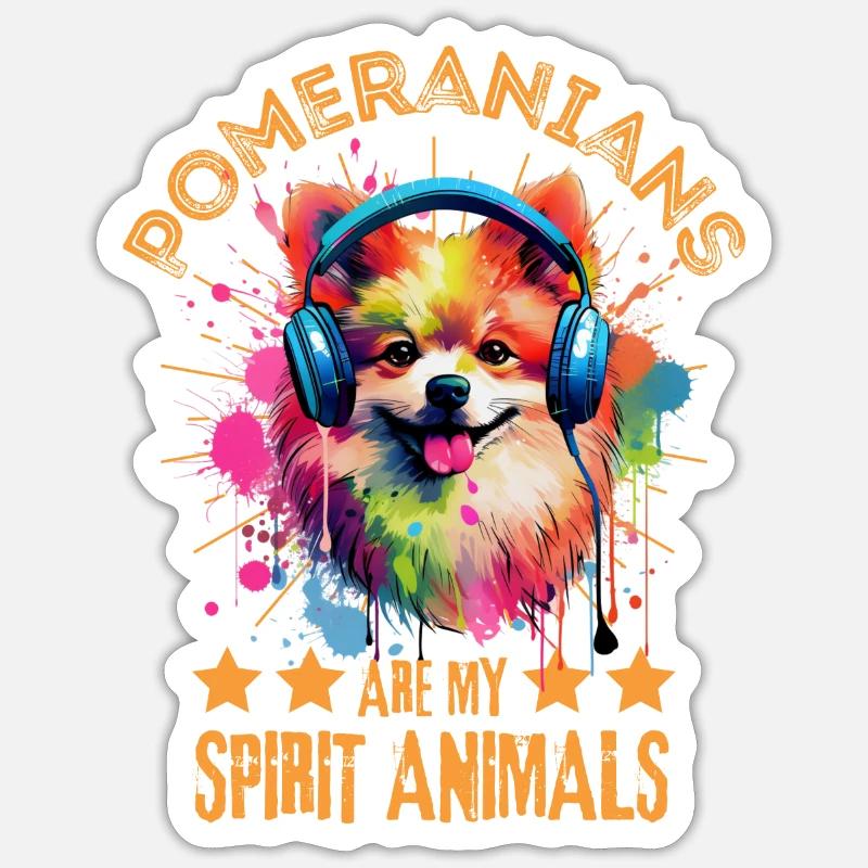 Bunter Zwergspitz mit Kopfhörer - Sticker Größe S (10 x 10 cm) - Mattweiß