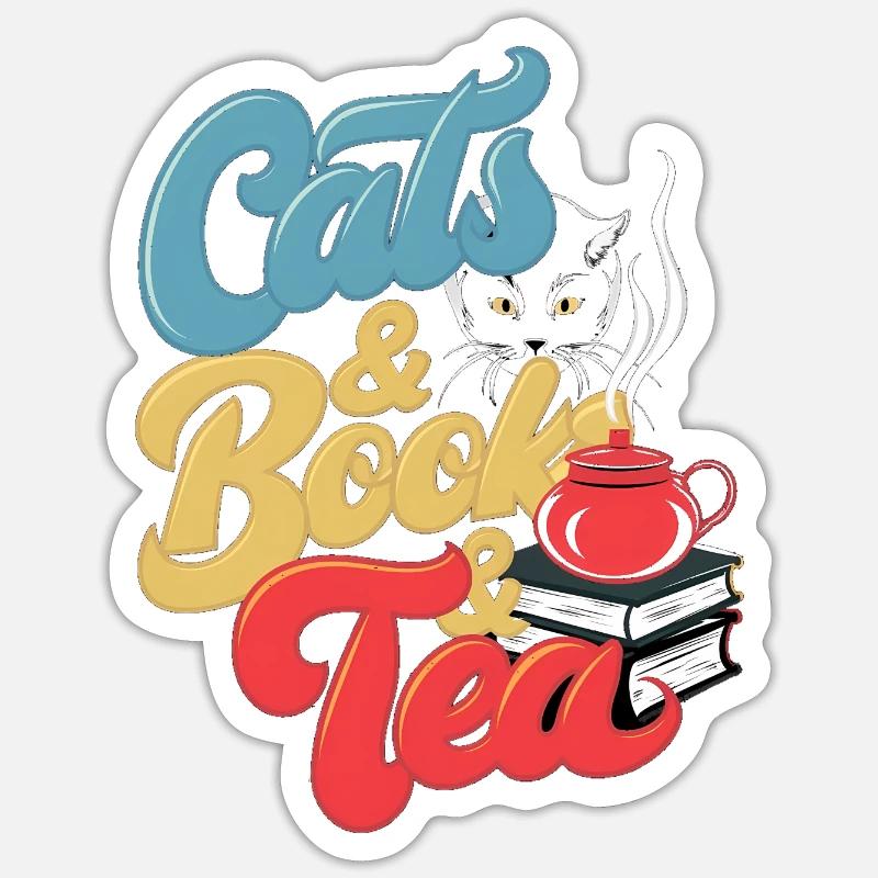 Chat et thé Imprimer - Sticker taille S (10 x 10 cm) - blanc mat
