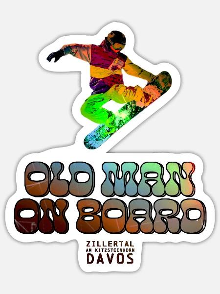 Pistenrocker: Snowboard-Opa im Tiefschnee - Sticker Größe S (10 x 10 cm) - Mattweiß
