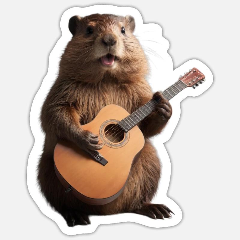 castor marmotte guitare - Sticker taille S (10 x 10 cm) - blanc mat