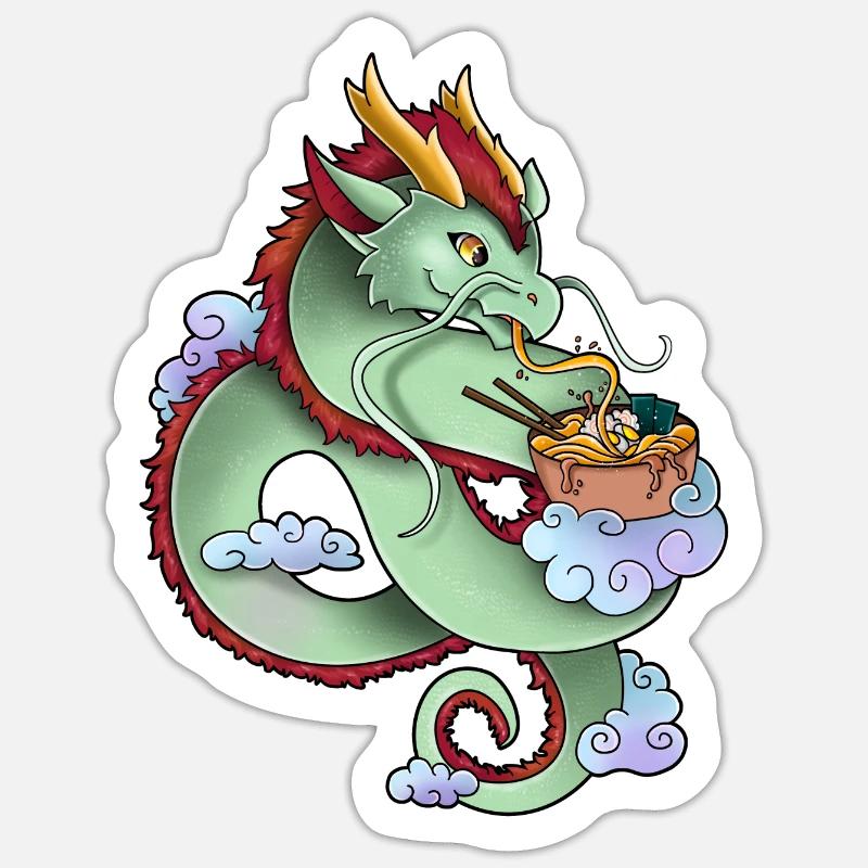 Dragon d’Asie avec Ramen - Sticker taille S (10 x 10 cm) - blanc mat