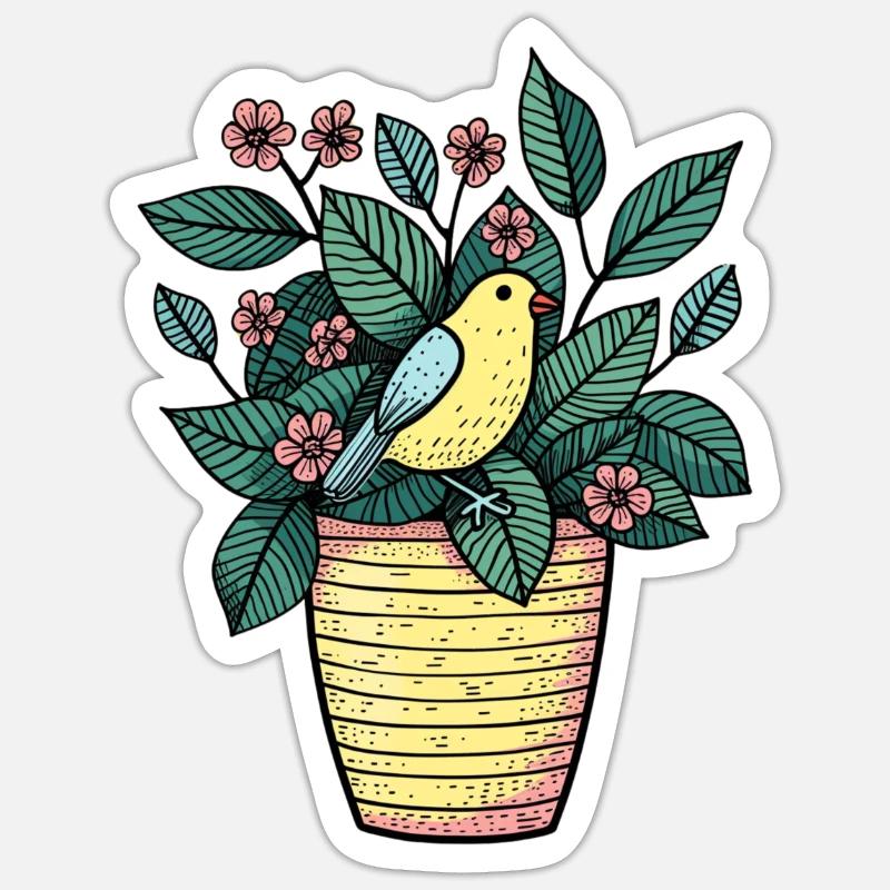 Oiseau dans Pot de Fleurs - Style Dessin Sticker taille S (10 x 10 cm)