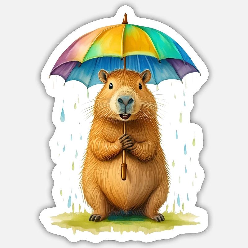 Capybara avec parapluie - Sticker taille S (10 x 10 cm) - blanc mat