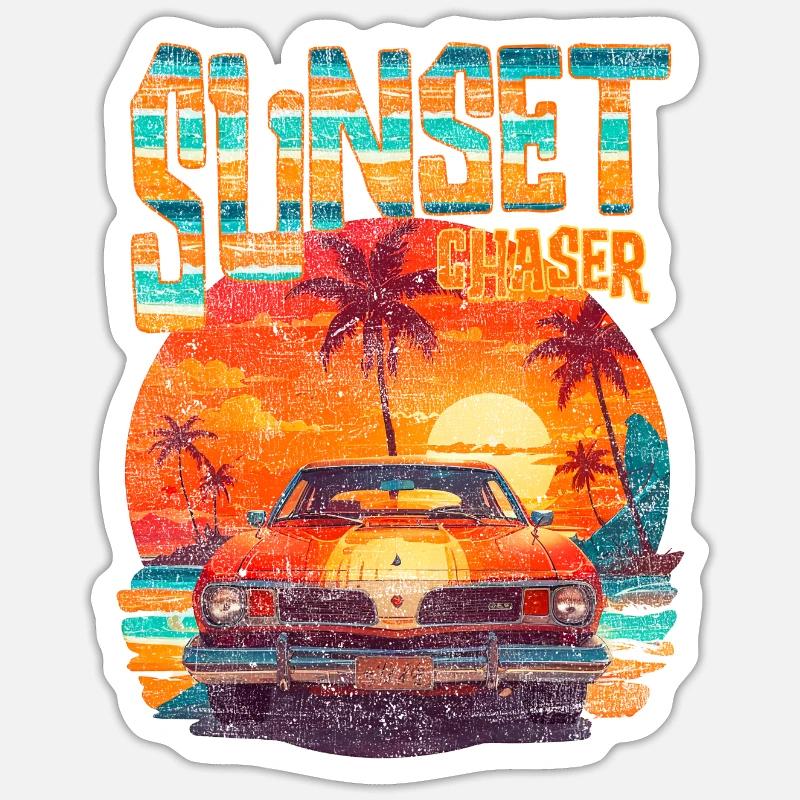 Sunset Chase - Oldtimer, Strandtag Sticker Größe S (10 x 10 cm)