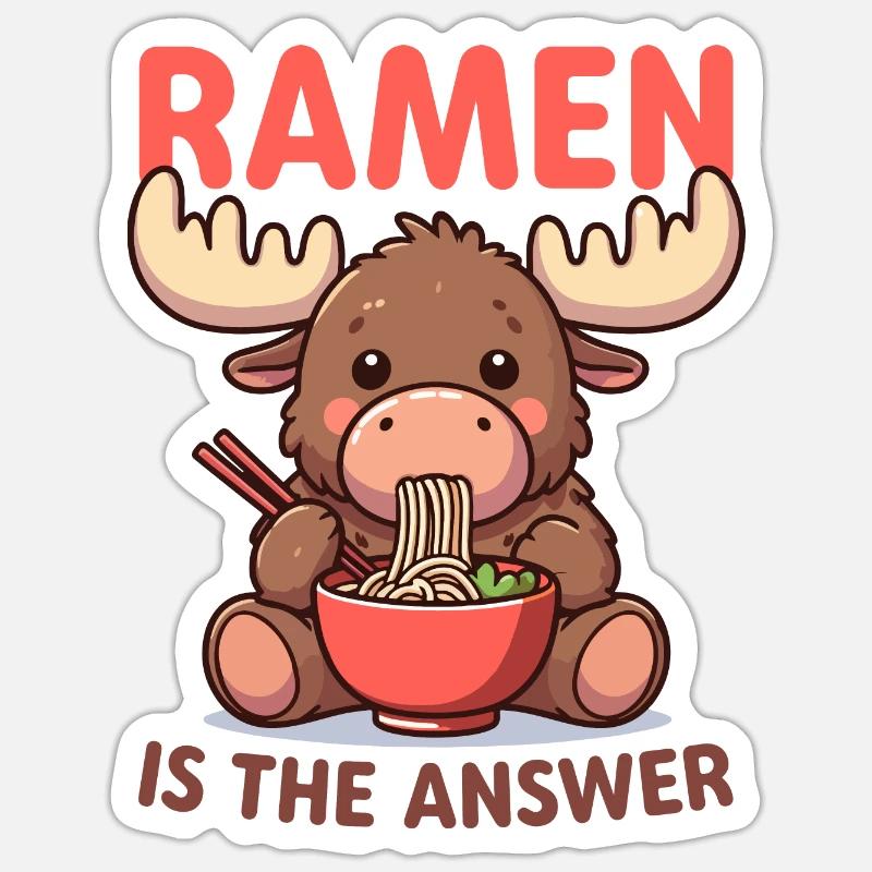 Elch isst Ramen-Nudeln Essen - Sticker Größe S (10 x 10 cm) - Mattweiß