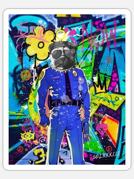 Street Art Hund Polizei - Sticker Größe S (10 x 10 cm) - Mattweiß