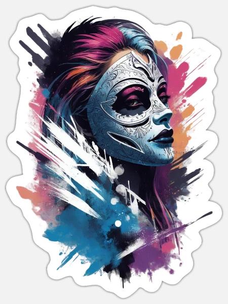 "Color Clash: Die Stilvolle Maskenfrau" - Sticker Größe S (10 x 10 cm) - Mattweiß