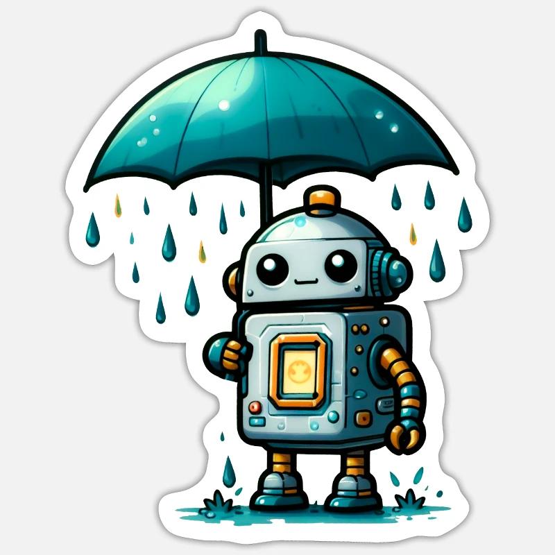 Robot Sous La Pluie - Sticker taille S (10 x 10 cm) - blanc mat