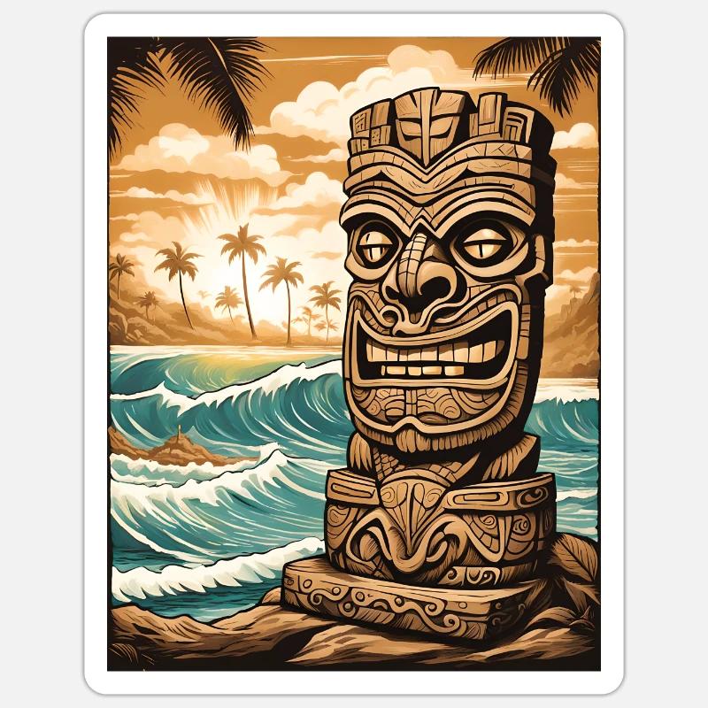 Tiki Statue am Strand - Sticker Größe S (10 x 10 cm) - Mattweiß