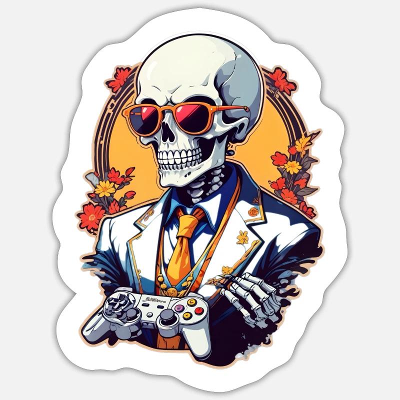 Retro Gamer Skeleton with Controller Console Games Sticker size S (10 x 10 cm)