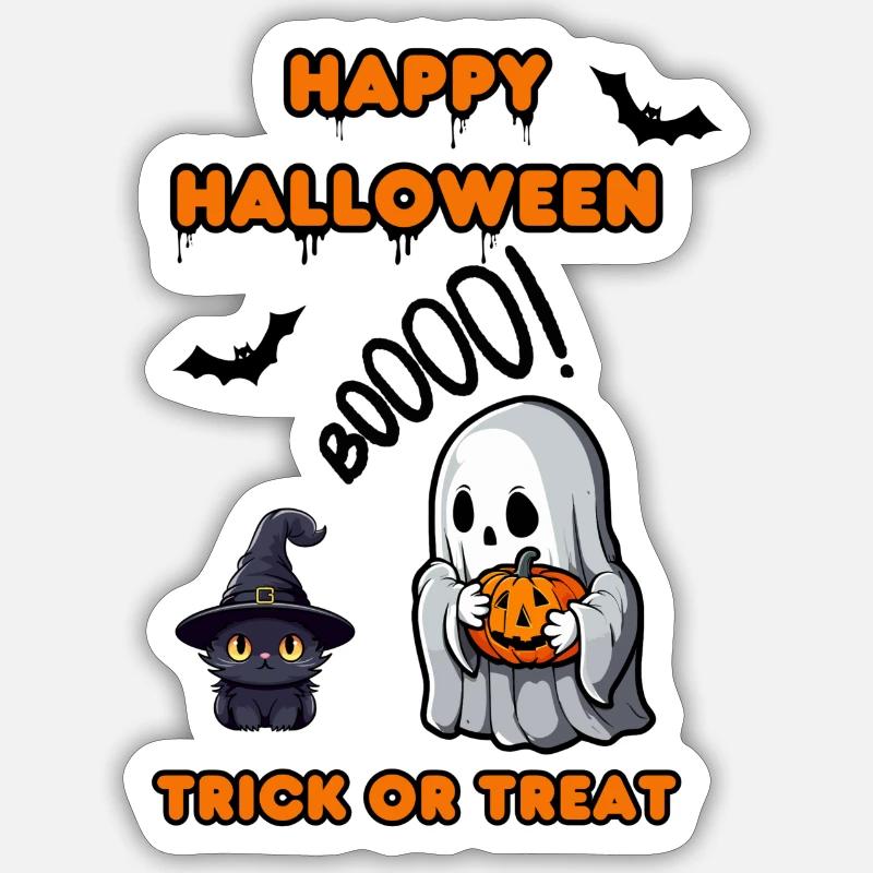 Happy Halloween Ghost Cat Boooo - Sticker Größe S (10 x 10 cm) - Mattweiß