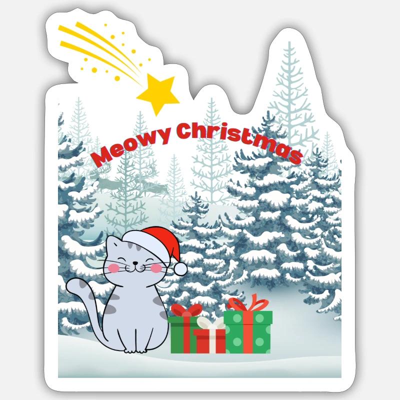 Meowy Christmas - Katze mit Sternschnuppe - Sticker Größe S (10 x 10 cm) - Mattweiß
