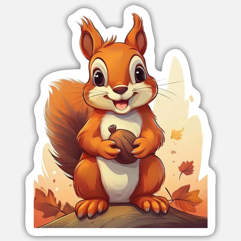 Glückliches Eichhörnchen mit einer Nuss im Herbst - Sticker Größe S (10 x 10 cm) - Mattweiß