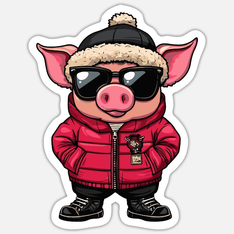 Cochon Hiver Bande Dessinée - Sticker taille S (10 x 10 cm) - blanc mat